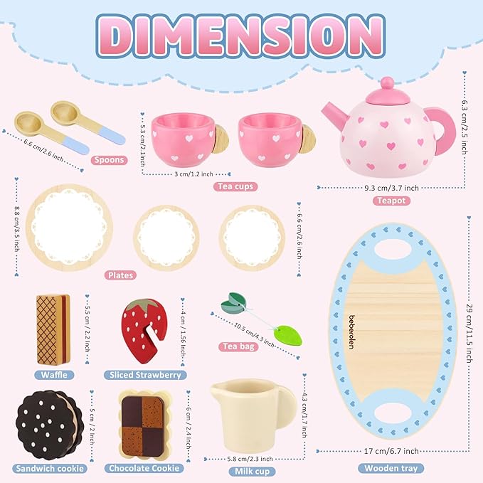 Wooden Tea Set for Little Girls Birthday Gift 3 4 5 Year Old Princess Toys | - Image 2