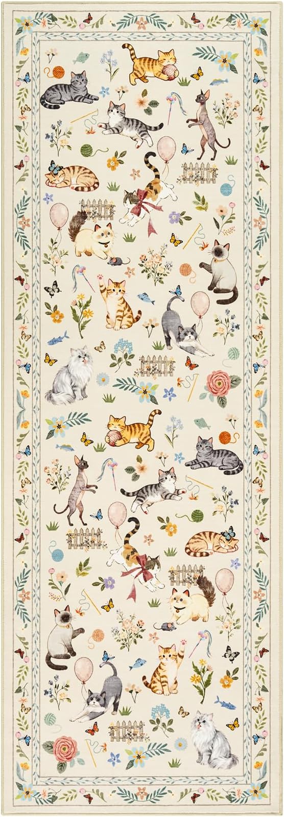 Unirea 2.6x8 Beige Cat Runner Rug, Washable Non Slip Botanical Rug - Image 2