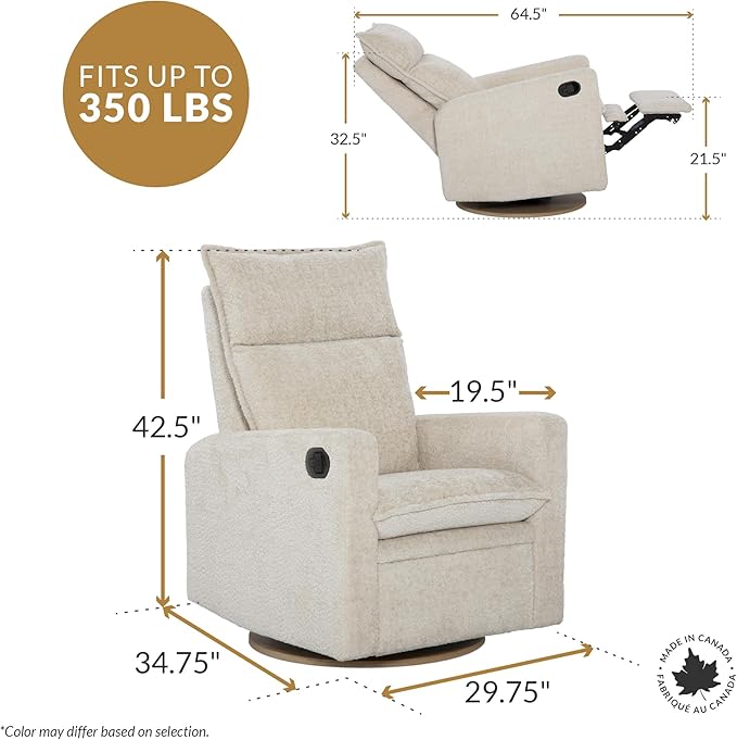 Jaymar Arya Modern Nursery Glider Recliner Chair – Cozy Nursing Chair with 360° Swivel for New Parents, Gentle Motion, Compact Design, High Back & Low Armrests, Canadian Made (Sand/Puppy Fabric)