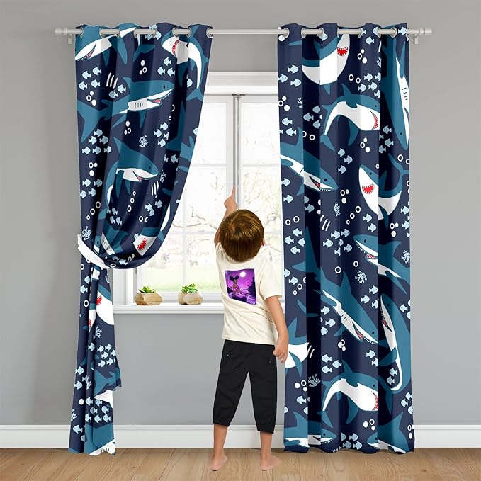 Cartoon Shark Blackout Curtain Panels Curtains Blue Curtains for Boys Bedroom Grommet Top Window Treatment 2 Panels Drapes Kids Room Decor Navy Blue Curtains 84 Inch Length, 82''x84''