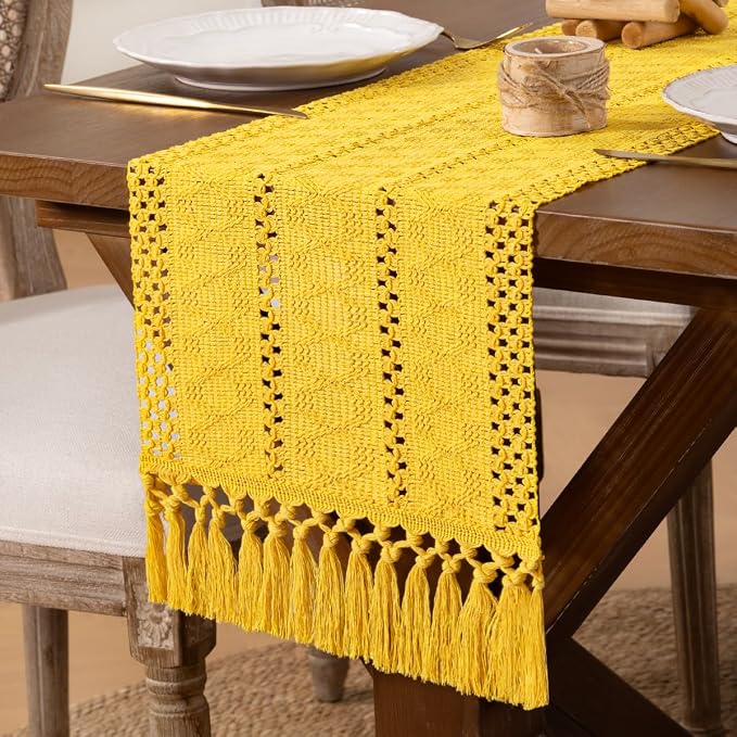 DeZerlor Yellow Boho Macrame Farmhouse Woven Table Runner 90Inch | Cotton Linen - Image 7