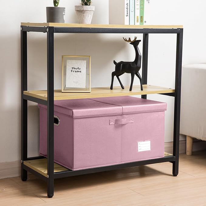 PRANDOM Collapsible Storage Box with Lid [3-Pack] Leather Fabric Foldable Storage Bin Organizer Container Basket Cube with Cover for Home Bedroom Closet Office Nursery Pink(22.8X15.7X11.8)