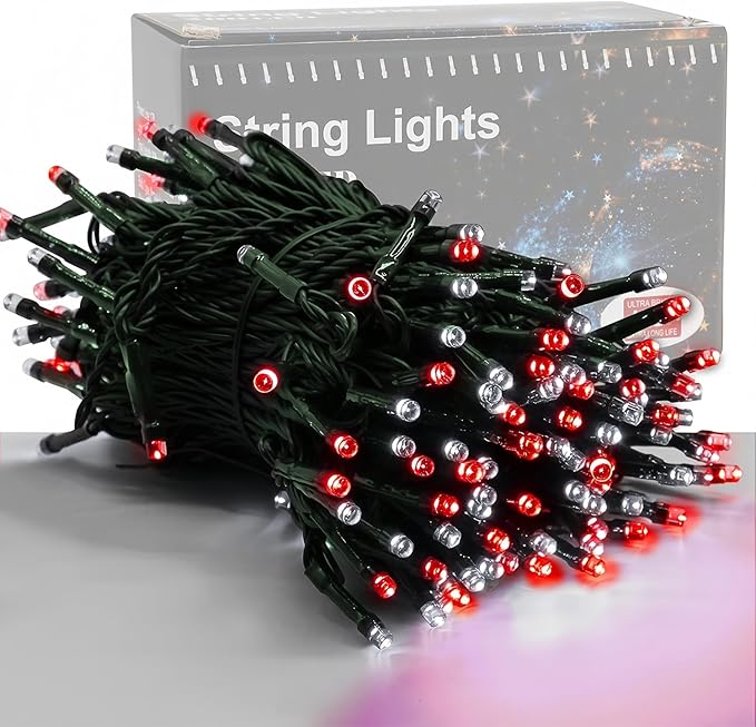 HOME LIGHTING 66ft Christmas Decorative Mini Lights, 200 LED Green Wire Fairy Starry String Lights Plug in, 8 Lighting Mode, for Indoor Outdoor Xmas Tree Wedding Party Garden Decoration (Red & White)