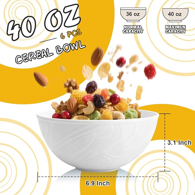 Wheat Straw Cereal Bowls 40 OZ, Unbreakable Bowls Set of 6, Microwave & - Image 2