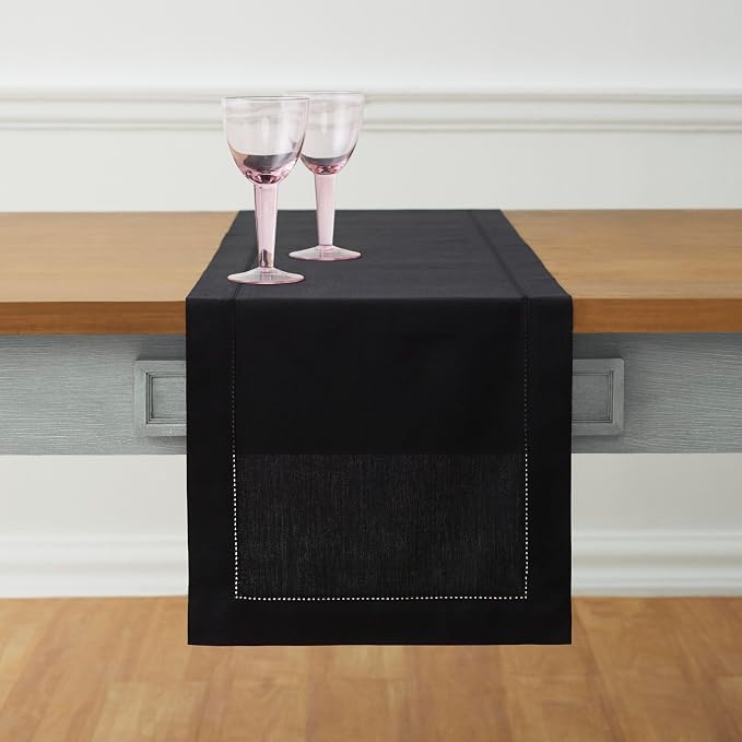 Solino Home Cotton Linen Dining Table Runner Black Hemstitch, 14 x 120 in | by SolinoHome