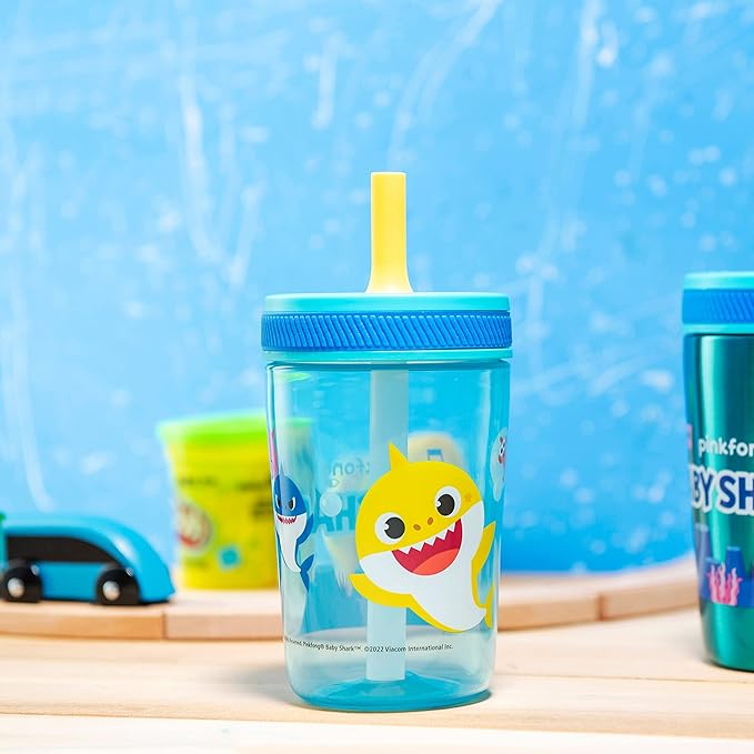 Zak Designs Baby Shark Kelso Tumbler Set, Leak-Proof Screw-On Lid with Straw, Bundle for Kids Includes Plastic and Stainless Steel Cups with Bonus Sipper (3pc Set, Non-BPA)15 fl oz.
