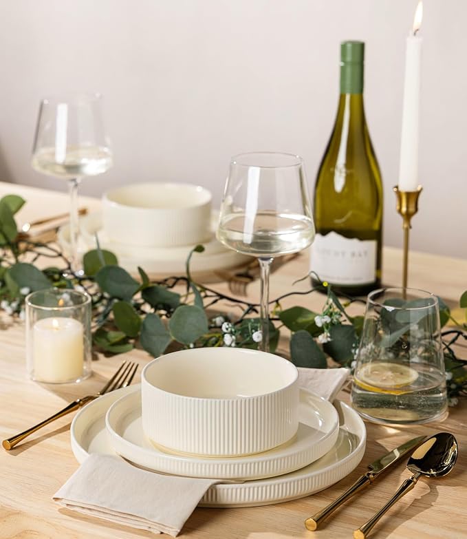 Ceramic Dinnerware Set for 4, 12-Piece Plates and Bowls Set | Lightweight - Image 5