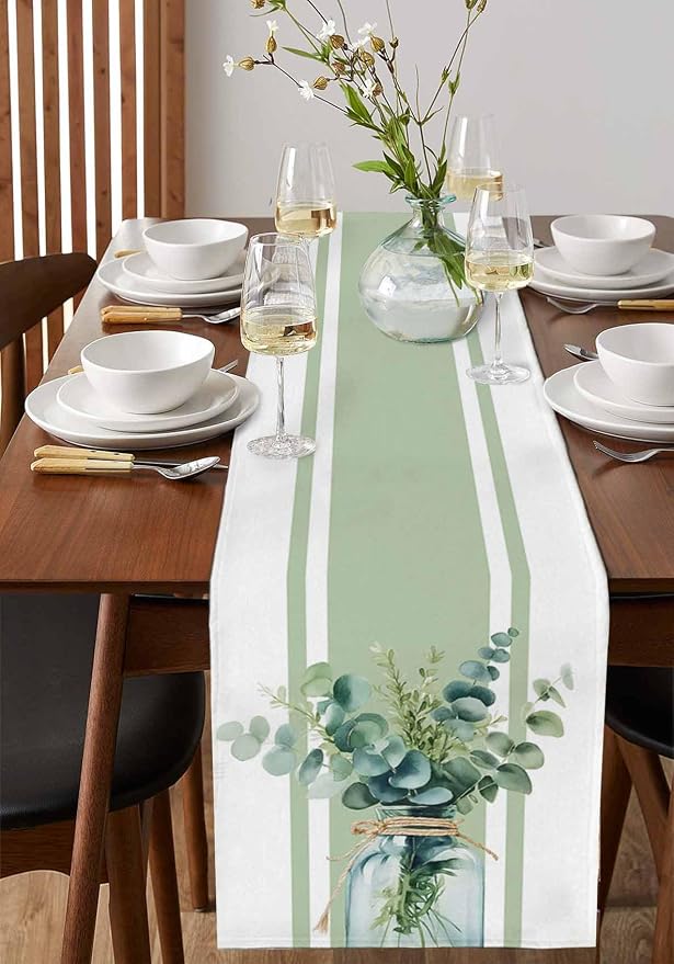 Sage Green Eucalyptus Leaves Table Runners 108 Inches Long, Farmhouse Stripe - Image 2