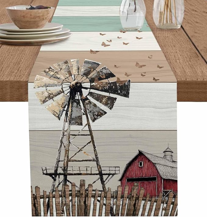 Farmhouse Windmill Table Runners 72 Inches Long, Cotton Linen Fabric Table by Edwiinsa