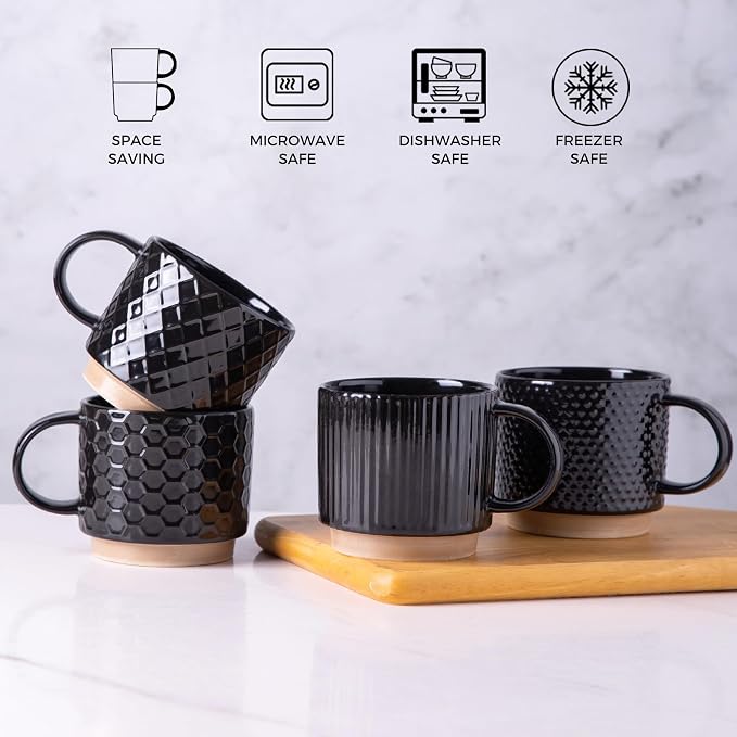 GBhome 12 OZ Stackable Coffee Mugs Set of 6, Ceramic Black Coffee Cups Set | 3 - Image 7