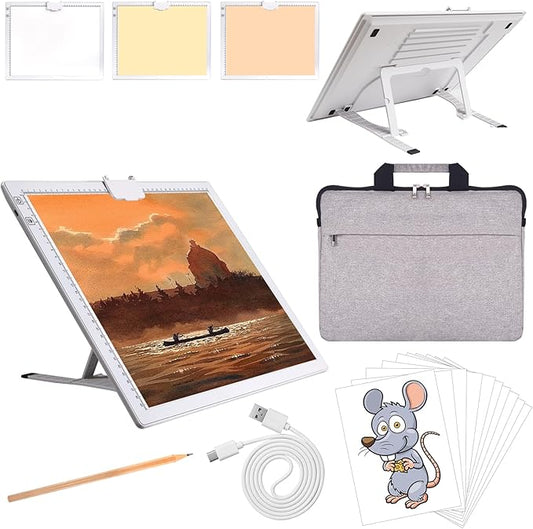 Elice Rechargeable A3 Light Pad with Carry Bag, Top Clip, Foldable Stand, 3 Colors/6 Levels/Stepless Brightness Wireless tracing Light Box/Board for Diamond Painting, Cricut Weeding Vinyl (White)