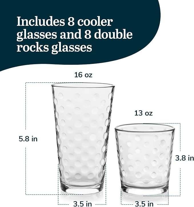 Libbey Awa Polka Dot Tumbler & Rocks Drinking Glasses Set of 16, Glass Cups | - Image 3