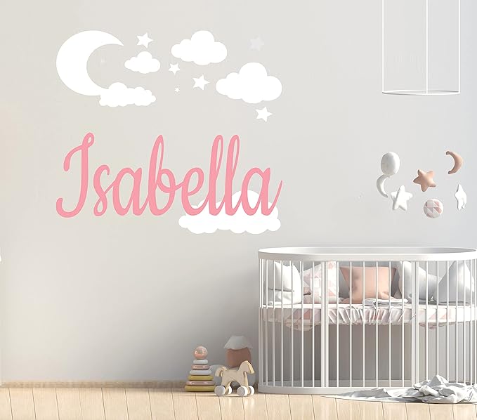 Custom Name with Moon Clouds and Stars - Nursery Baby Name Wall Art - Wall Decal for Nursery Bedroom playroom Decoration (Wide 20x20inch Height)