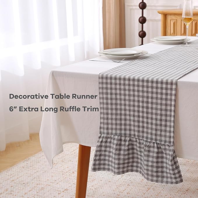 Grey White Plaid Gingham Ruffle Table Runner 120 inches Long Christmas 100% - Image 3