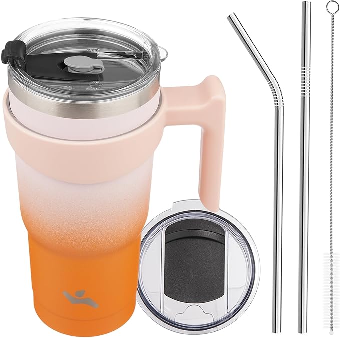 Konokyo 20 oz Tumbler with Handle and Straw, Insulated Travel Mug | Coral; by Konokyo