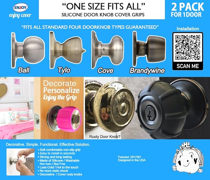 Enjoy Cover - 2 Pack Silicone Door knob Grips Maximum Grip Nonslip Arthritis & Senior Living Aids Grippy Easy Open Fits All Door Knob Universal Size Decorative (Camo Pink)