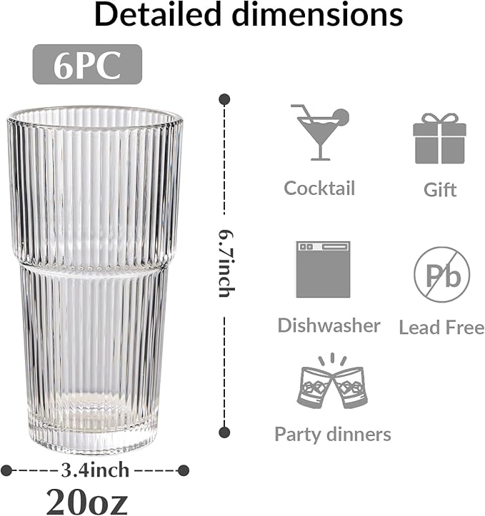Set of 6 Oversize Ribbed Glassware, 20oz Vintage Clear Glass Tumbler, Large - Image 3