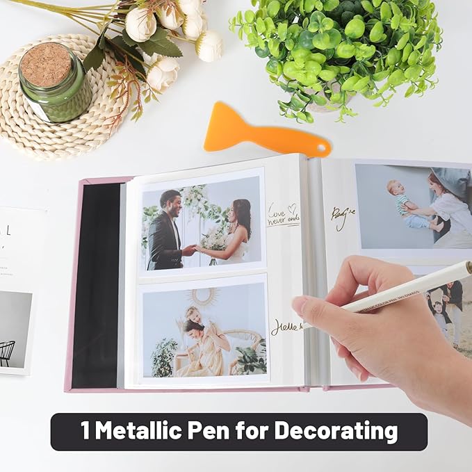 RECUTMS Photo Album Self Adhesive Magnetic Scrapbook 4x6 5x7 8x10 Pictures Scrapbook Album, 40 Pages Photo Book for DIY Baby Family Wedding with Metal Pen and Plastic Board (Pink)