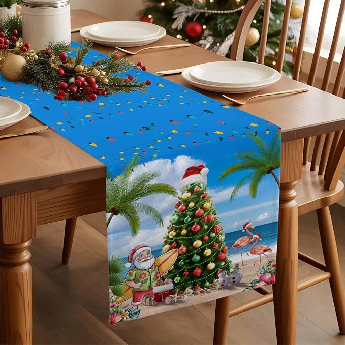 Coastal Christmas Table Runner 60 Inches Long, Xmas Tree Santa Beach Table - Image 3