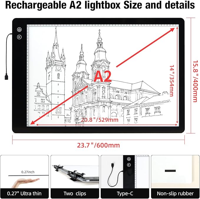 Zocelight Rechargeable A2 Light pad for Diamond Painting,A2 Light Board with 5200mAh Battery,6 Levels Dimming/3 Color temperatures 5500 Lux Super Bright Light Box for Drawing,Sketching,Animation