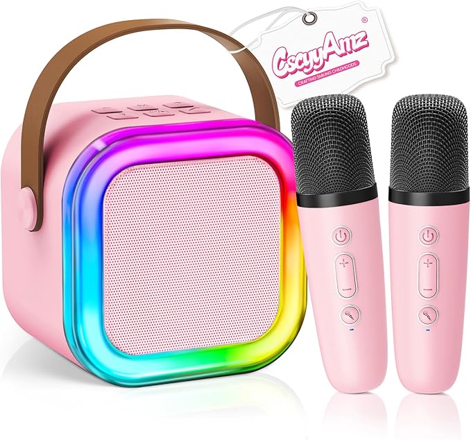 Mini Karaoke Machine for Kids Girls Boys - Birthday Gifts for Ages 4 5 6 7 8+ Year Old - 2025 New est - Portable Bluetooth Speaker with 2 Wireless Microphone - Kids' Instrument Accessories - Pink