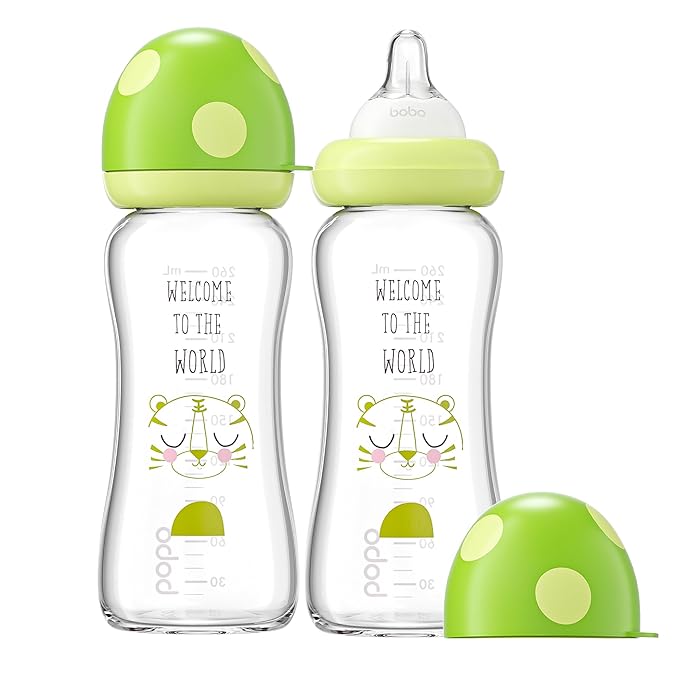 YOHKOH Natural Glass Baby Bottle with Natural Response Nipple, Newborn Anti-Colic Baby Bottles, Wide Neck Mushroom Cap Baby Bottle, Clear (8.8ounce (Pack of 2), Green1)