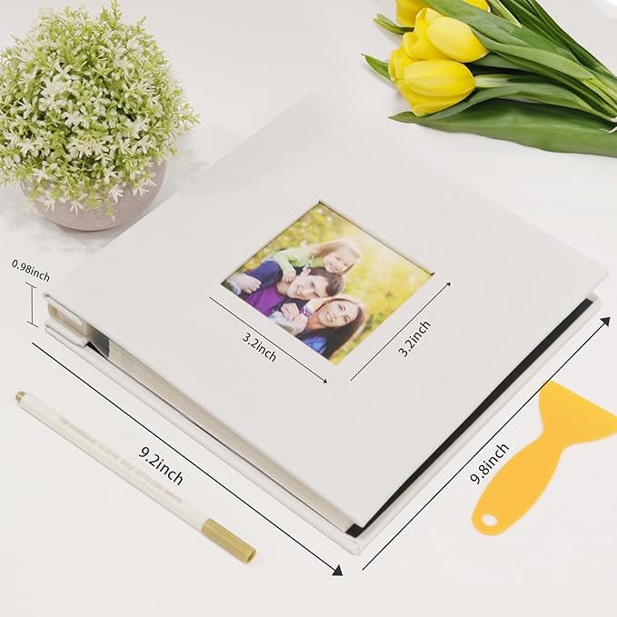 RECUTMS Photo Album Self Adhesive Magnetic Scrapbook 4x6 5x7 8x10 Pictures Scrapbook Album, 40 Pages Photo Book for DIY Baby Family Wedding with Metal Pen and Plastic Board (White)