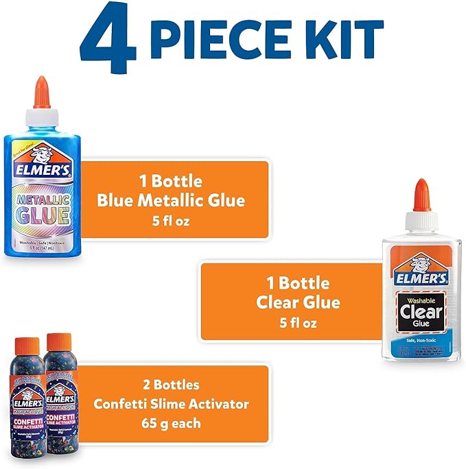 Elmer’s Confetti Slime Kit, Slime Supplies Include Metallic Glue, Clear Glue, Confetti Magical Liquid Activator, 4 Count - Perfect for Parties, Gift, Kids Activity Time