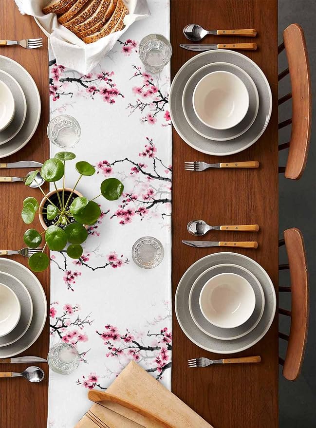 Pink Cherry Flowers Table Runners 70 Inches Long, Cotton Linen Fabric Table - Image 5