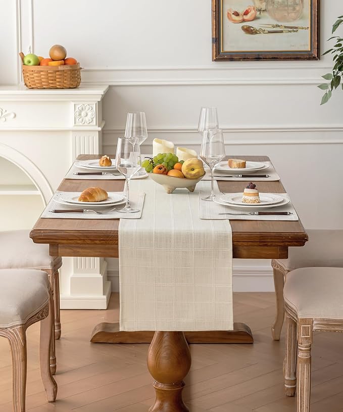 Linen Textured Table Runner, Ivory Table Runners 90 Inches Long | Raised Grid - Image 2