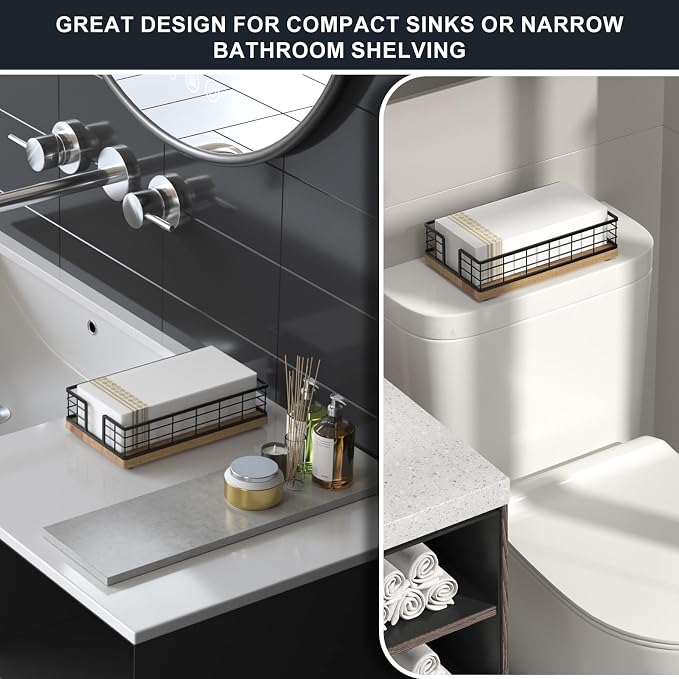 Wican Guest Towel Holder Tray for Bathroom, Acacia and Iron Napkins Holder | - Image 2
