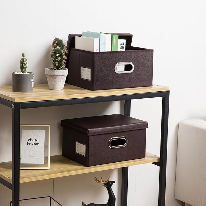 PRANDOM Collapsible Storage Box with Lid [3-Pack] Leather Fabric Foldable Storage Bin Organizer Container Basket Cube with Cover for Home Bedroom Closet Office Nursery Brown(13.6x9.6x6.9)