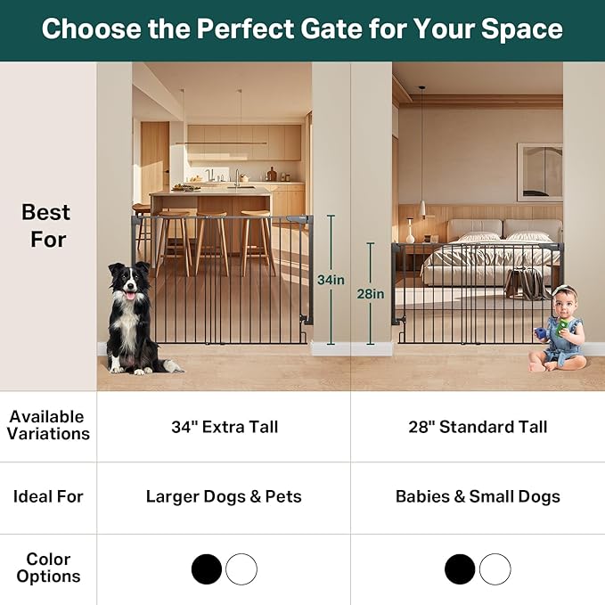 Cumbor 34" Extra Tall No Bottom Bar Baby Gate for Stairs, Auto Close Dog Gate Indoor for Larger Pets, 31.6-48" Hardware Mounted Safety Gate for Doorways, Wide Walk Thru Door for Easy Access (Black)