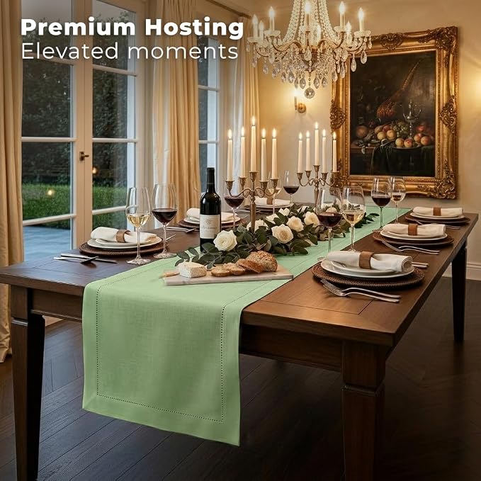 Signature Linen™ by D'Moksha Sage Green Table Runner 60 Inches, 100% Pure Linen - Image 3