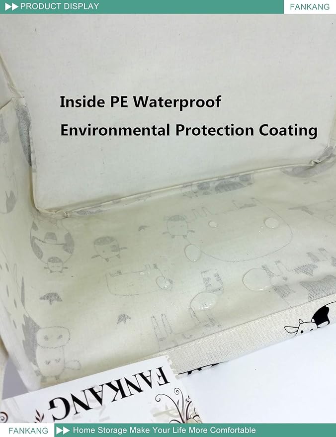 FANKANG Storage Basket,Nursery Hamper Canvas Laundry Basket Foldable with Waterproof PE Coating Storage, Office, Bedroom, Clothes,Toys(L, Rec-cows)