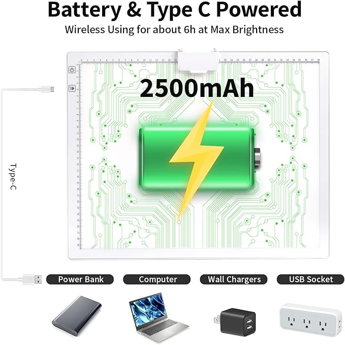Rechargeable A3 Diamond Art Light Board,Light Pad with Stand and Clip,3 Colors Stepless Dimmable and 6 Levels of Brightness Light Box for tracing,Diamond Painting,Drawing,Sketching(White)