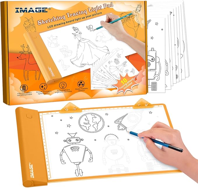 IMAGE Light Up Tracing Pad Orange Drawing Tablet Coloring Board for Kids Children Toy Gift for Girls Boy (Includes 10 Traceable Sheets and Two Clips)