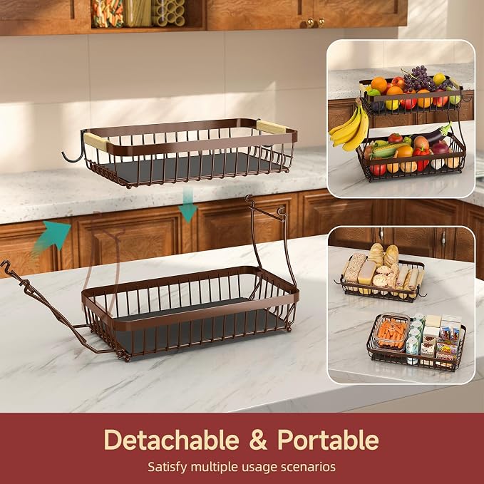 2-Tier Fruit Basket with Banana Hangers, Detachable Metal Bowl | Wooden handle - Image 3