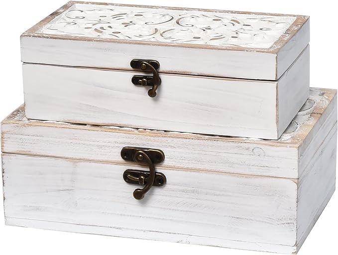 Decorative Wooden Box with Hinged Lid - Timeless Carved Floral Storage for Rustic Farmhouse Decor, Set of 2, White