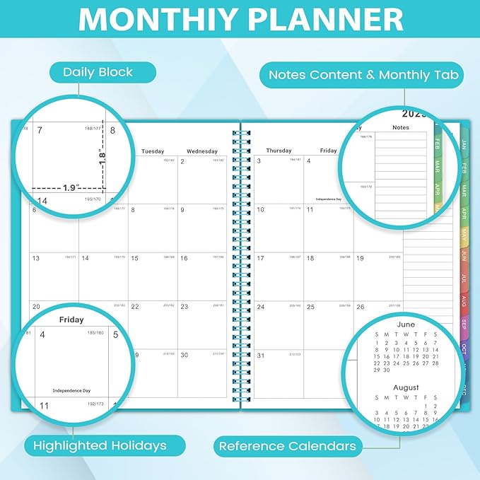 2026 Monthly Planner - JUL 2025 - DEC 2026, Academic Planner 2026, 18 Monthly Calendar with Colorful Tabs, Waterproof Cover (Blue, 8" x10", Notes)