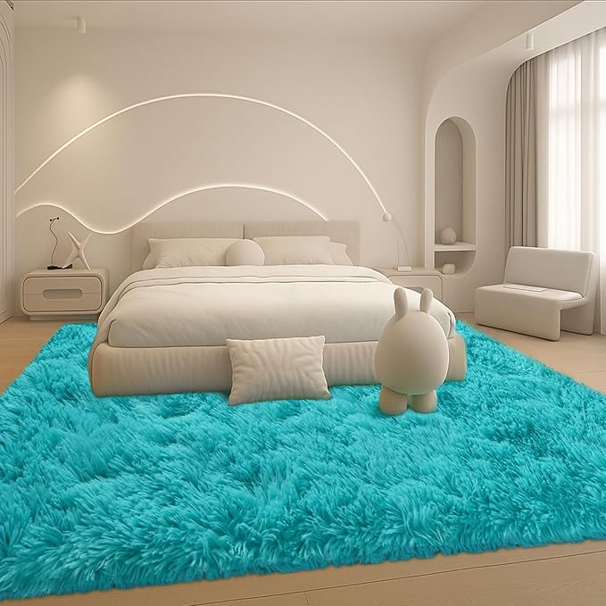 Teal Blue Plush Rug 9x12, Fluffy Shag Carpet Non-Slip, Area Rug - Image 6