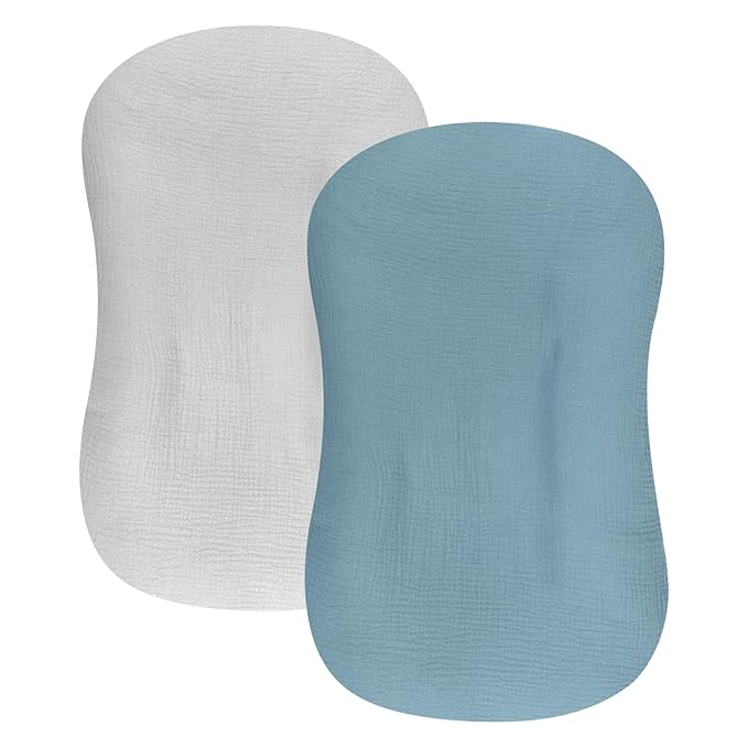 Hooyax Baby Lounger Cover 2 Pack - 100% Muslin Cotton Newborn Lounger Pillow Covers Only, Soft Breathable Infant Lounger Cover with Reinforced Stitching, Fits Most Standard Baby Loungers (Blue Grey)