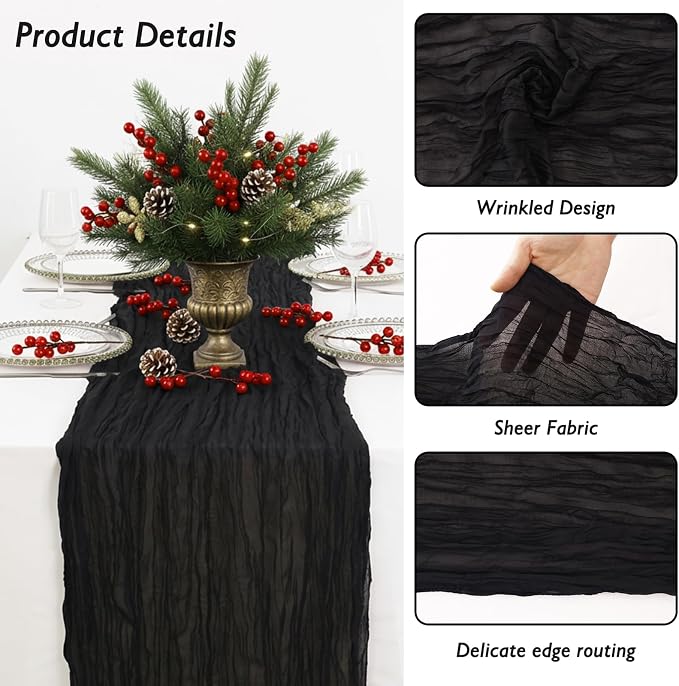 8 Pack Black Cheesecloth Table Runner 120 Inch Boho Wedding Decor | Cheesecloth - Image 3
