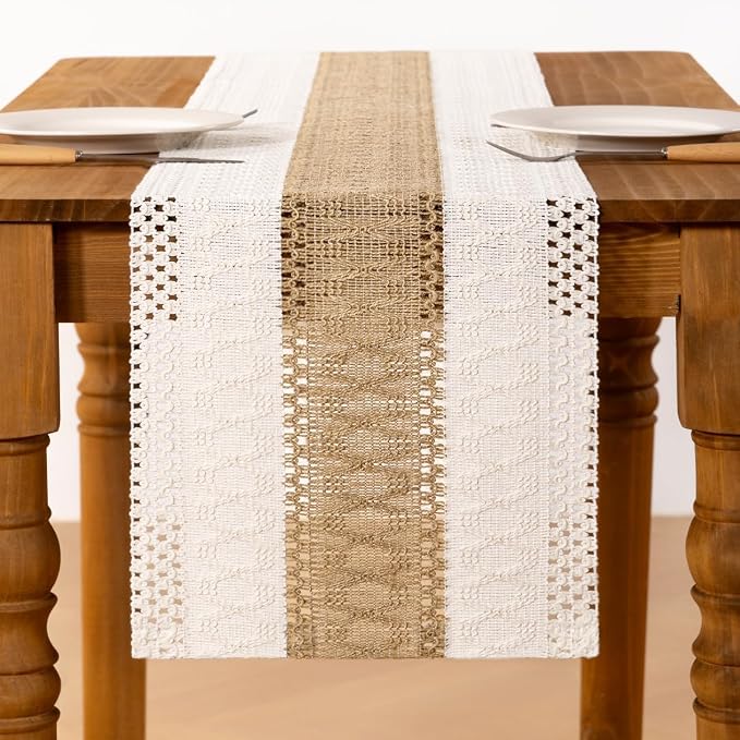 Ivory & Burlap Boho Table Runner Farmhouse Woven Table Runner 12x90 Inch | - Image 3