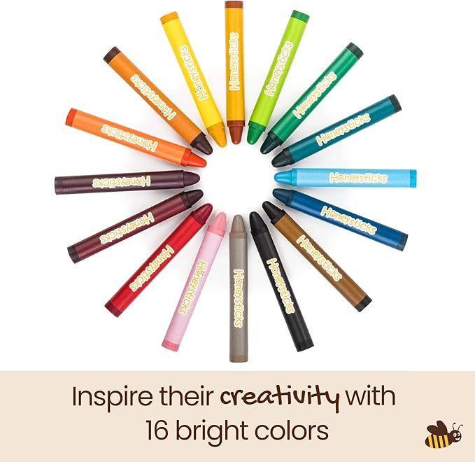 Honeysticks Jumbo Crayons (16 Pack) - Non Toxic Crayons - 100% Pure Beeswax and Food Grade Colors - 16 Bright Colors - Large, Easy to Hold and Use - Preschool Art Supplies for Toddlers/Kids 3-5, 4-8