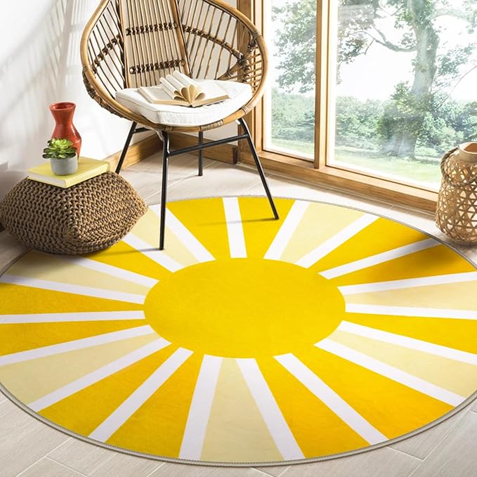 Lahome Yellow Rainbow Sun Round Rug: 4ft Washable & Non-Slip Low Pile by Lahome