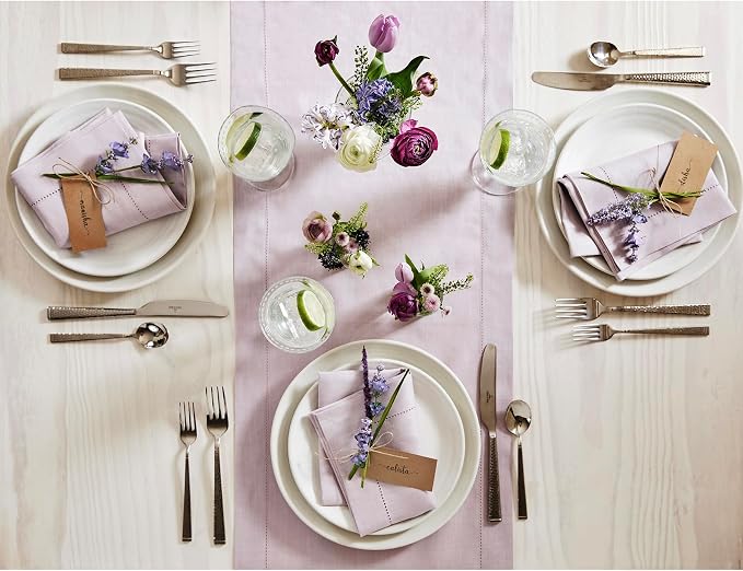 Solino Home 100% Pure Linen Dining Table Runner Lilac Hemstitch, 14 x 48 in | - Image 4