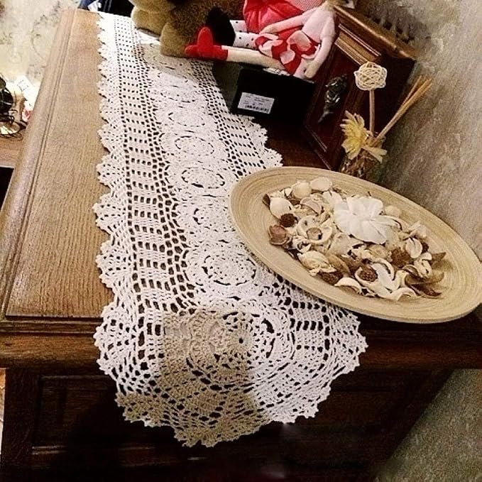 Cotton Handmade Crochet Lace Oval Table Runner Beige 12x72 Inch - Image 5