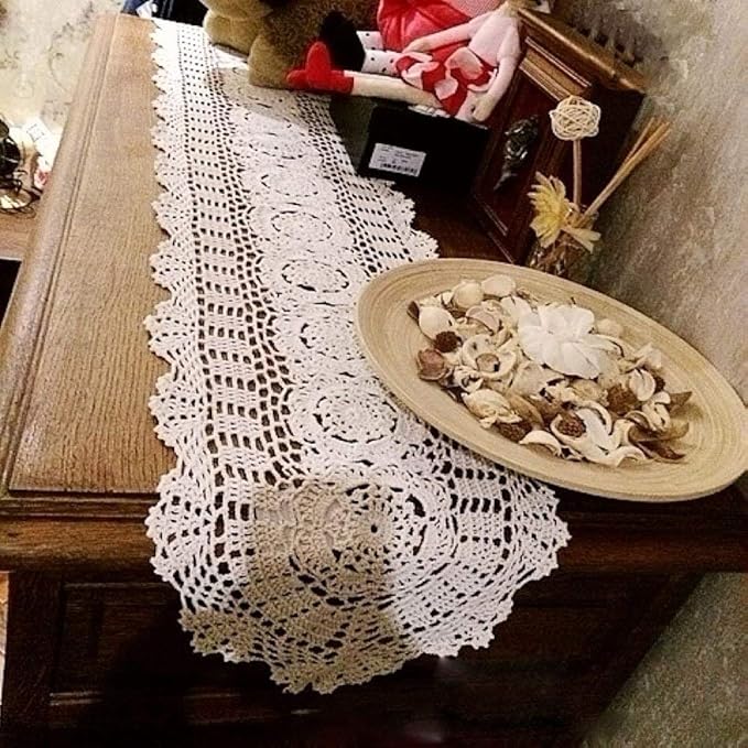 Cotton Handmade Crochet Lace Oval Table Runner Beige 12x48 Inch - Image 5