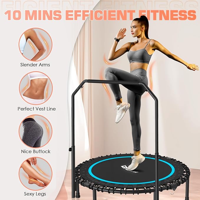 BCAN 40"/48" Mini Rebounder Trampoline for Adults with Bar, 450/550LBS Fitness Trampoline with Bungees, Adjustable Handle, Stable & Quiet, Indoor Outdoor, Whole-Body Workout & Relaxation at Home